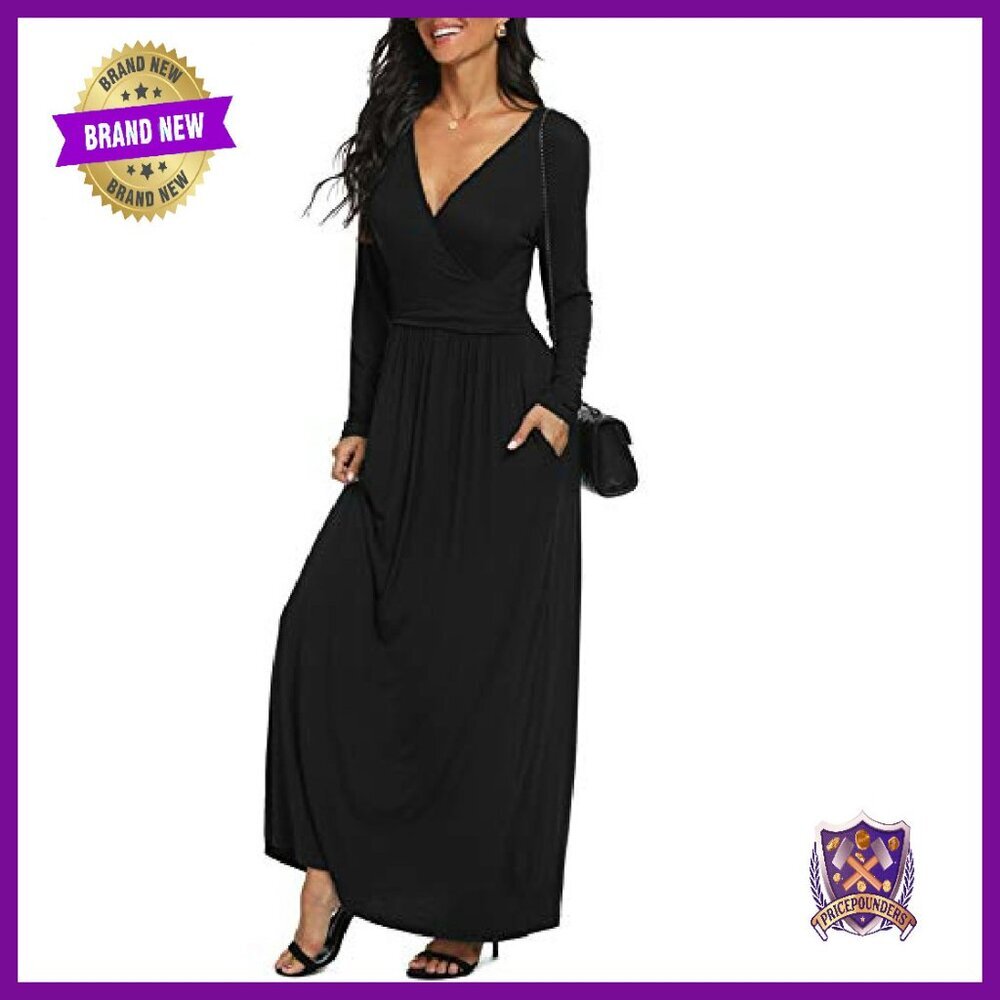 Long Sleeve V-Neck Maxi Dress with Side Pockets - Soft Rayon Blend - Picture 4 of 8